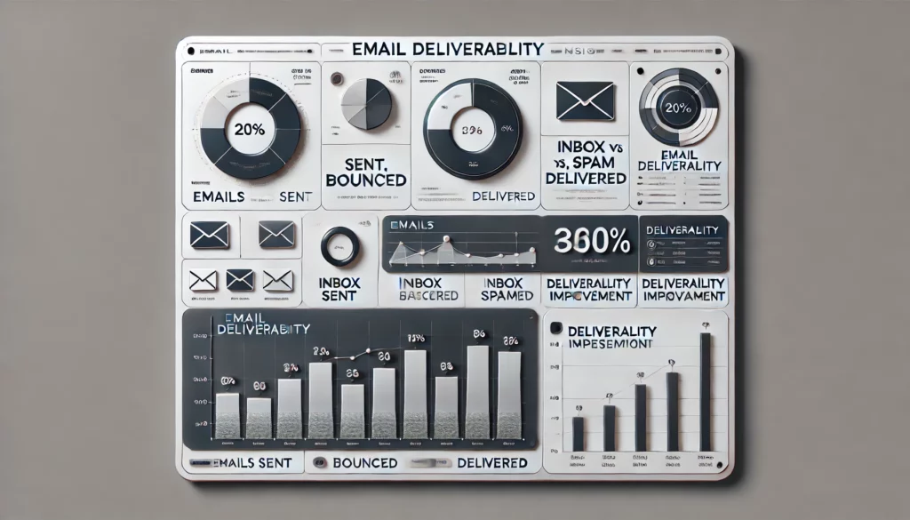 An infographic with a minimalist board-style layout, showcasing email deliverability insights using only visuals and charts