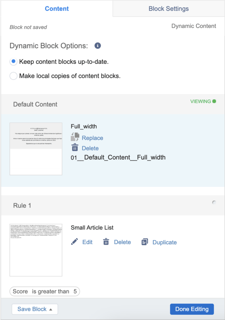 Dynamic content block referencing multiple content blocks, and automatically generating impression region tracking.
