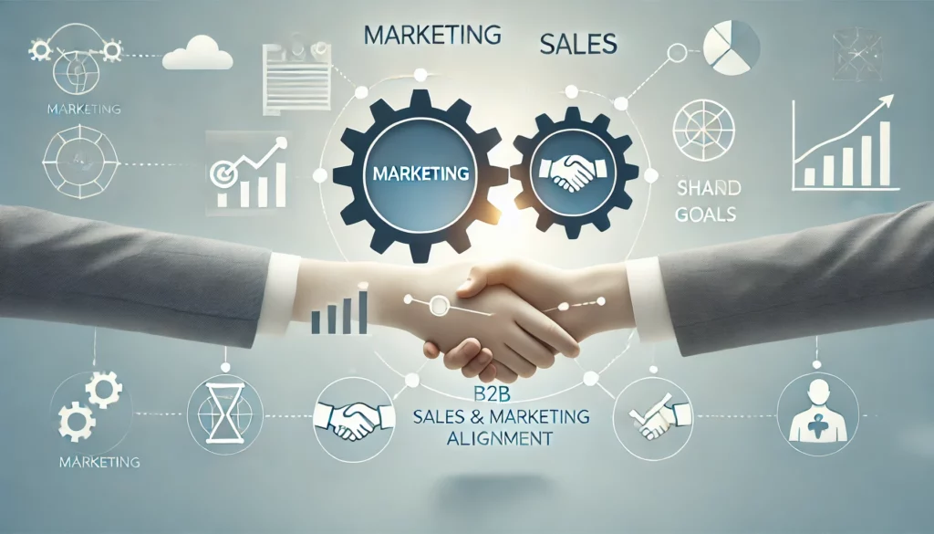 A clean and professional illustration representing B2B sales and marketing alignment