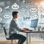 A detailed illustration of an email marketing professional working on a computer in a modern office setting, surrounded by graphical elements