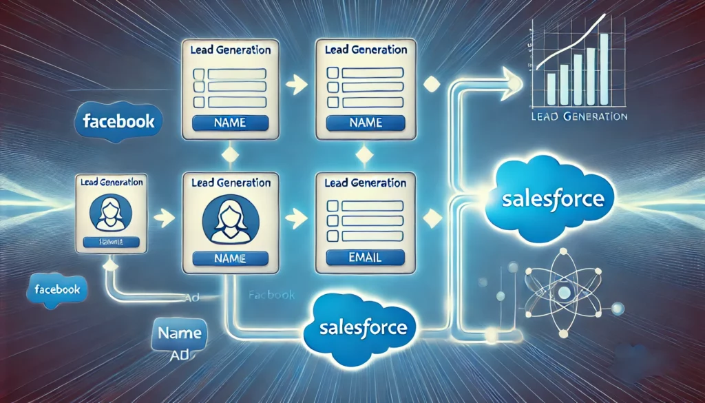 A professional and minimal digital illustration showing the flow of leads from Facebook Lead Generation Ads into Salesforce