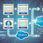 A professional and minimal digital illustration showing the flow of leads from Facebook Lead Generation Ads into Salesforce