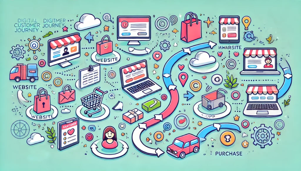 A cartoon-style illustration of a digital customer journey