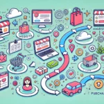 A cartoon-style illustration of a digital customer journey