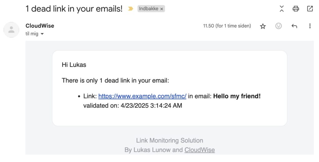 An example of a notification email, listing all problematic links