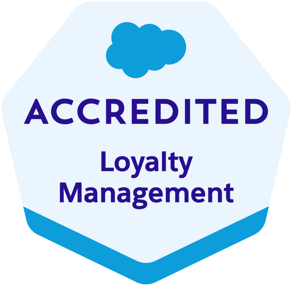 Accredited Loyalty Management badge with a blue cloud logo on a pale blue hexagonal badge