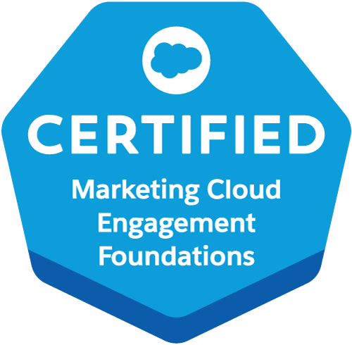 Blue certification badge reading 'CERTIFIED Marketing Cloud Engagement Foundations' with a white Salesforce cloud icon in the center.